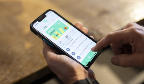 Close-up photograph of a person using a mobile banking app on a smartphone to check account balances and transactions, illustrating budgeting, money management and financial decision-making.