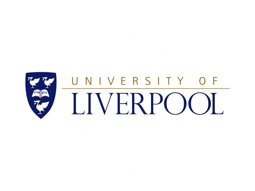 The University of Liverpool logo. A blue shield with three liverbirds around an open book. To the right, the words University of Liverpool.