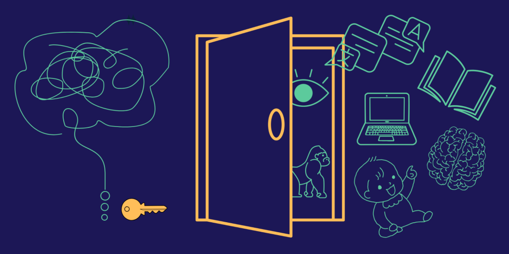 graphics symbolizing learning emerging from a half open door