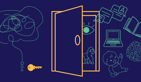 graphics symbolizing learning emerging from a half open door
