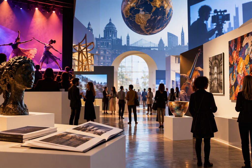 Exhibition scene with multiple art images and installations