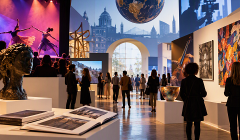 Exhibition scene with multiple art images and installations