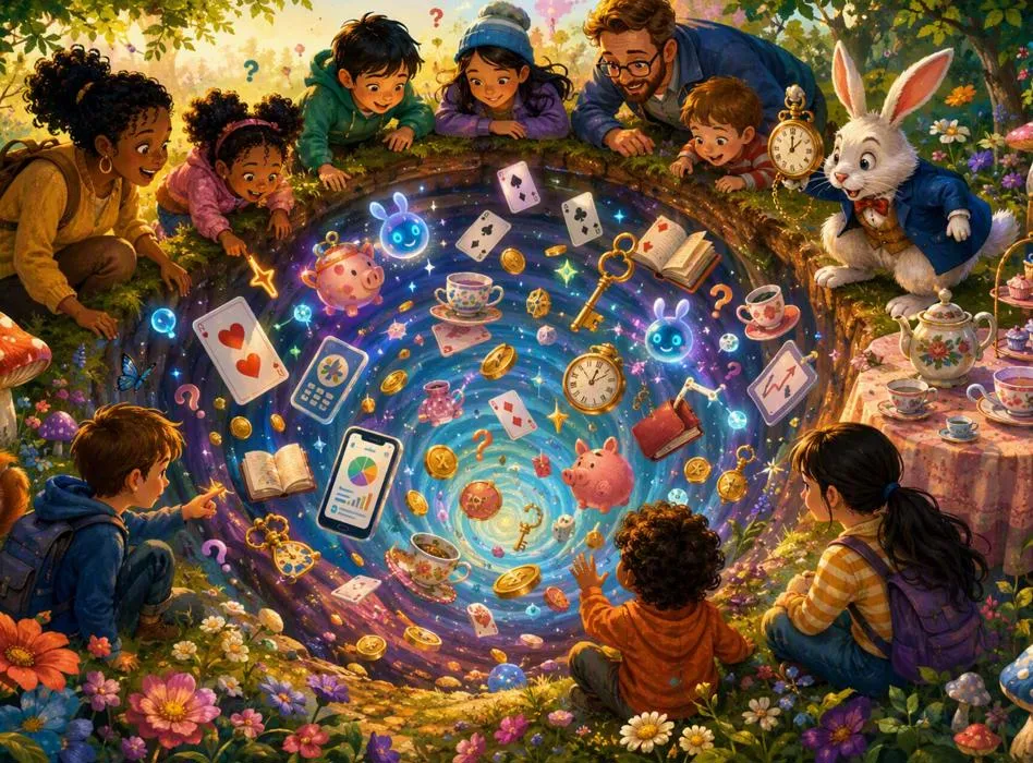 Image of people and a white rabbit looking into a magical rabbit hole filled with a swirling mix of objects