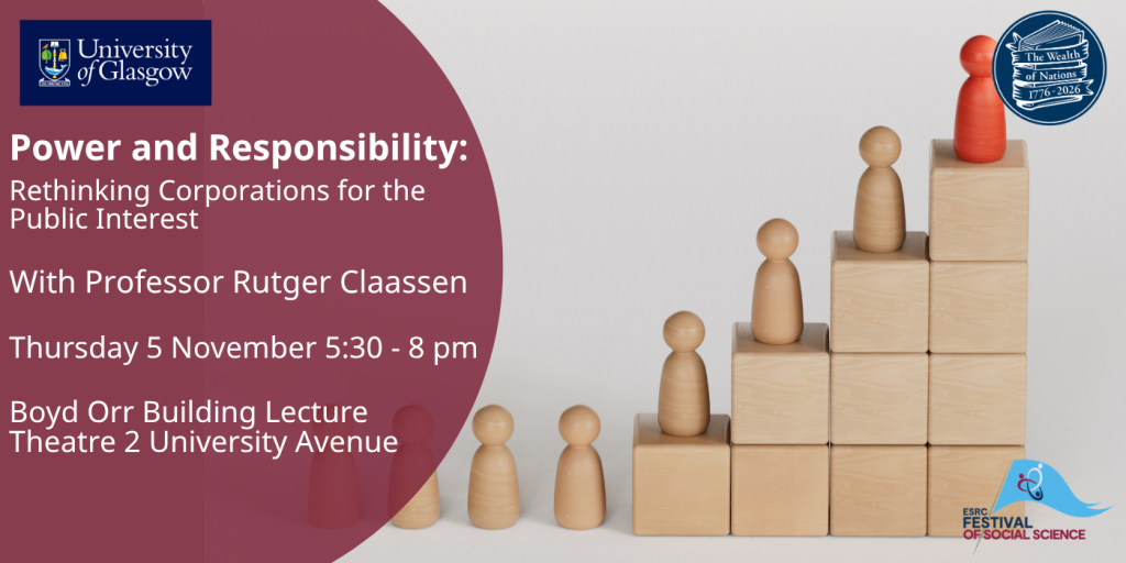 Power and Responsibility Rethinking Corporations for the Public Interest poster for 5th Novemeber. The background has multiple board game pieces on a set of block with the top piece being red instead of beige like the others