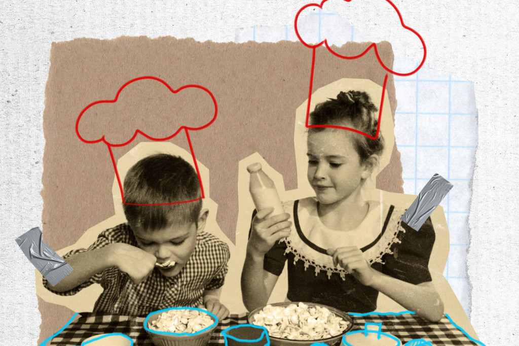 Collage art featuring a vintage monochrome photo of two young children eating cereal at a table, with red hand-drawn chef hats outlines floating above their heads.
