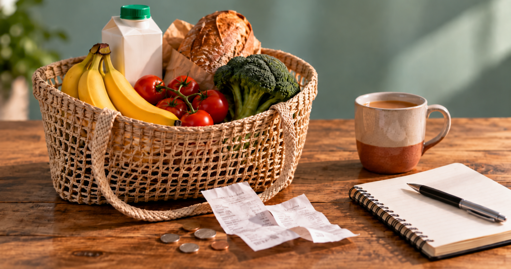 Basket of groceries on a table with receipts, coins, a notebook and a cup of tea.