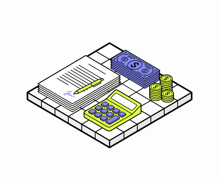 Illustration of a stack of papers with a pen, a calculator, banknotes and piles of coins, representing budgeting, finance and financial calculations.