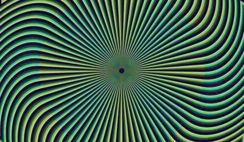 Green optical illusion with black lines, first moving in an arrow shape clockwise, then curving in towards the centre, where they blur together
