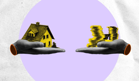 Collage art featuring two open hands set against a light purple circle; one hand holds a yellow miniature house and the other holds stacks of yellow gold coins.