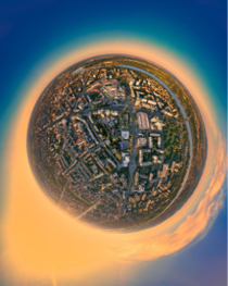 Aerial shot of roads and buildings in a fish eye effect