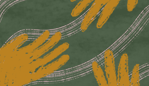 An illustration with a green background and light pink wavy stripes. Three hands drawn in the style of chalk art coming from the top right, middle left, and bottom right, reaching out towards the middle and each other.