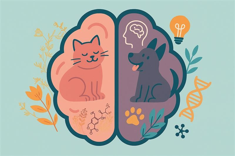 colourful graphic showing a brain with a cat and dog
