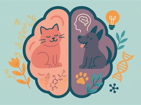 colourful graphic showing a brain with a cat and dog