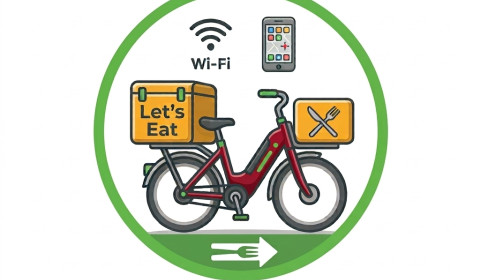 Image of a delivery bike logo with the words Let's Eat