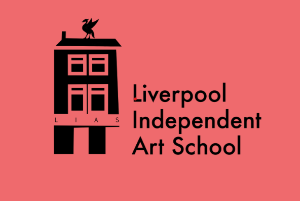 The logo of LIAS. A red background with black image of a liver bird on top of the silhouette of a house and a shadow underneath. Text reads LIAS, Liverpool Independent Art School.