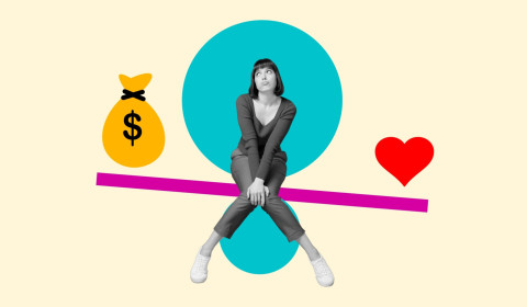 Collage art of a pensive woman sitting in the centre of a see-saw, balancing a yellow money bag with a dollar sign on one side and a red heart icon on the other