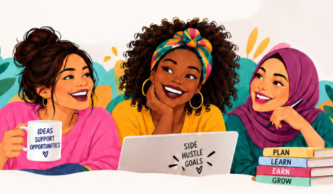 Digital illustration of three women of different ethnicities chatting over coffee and books about learning and growth