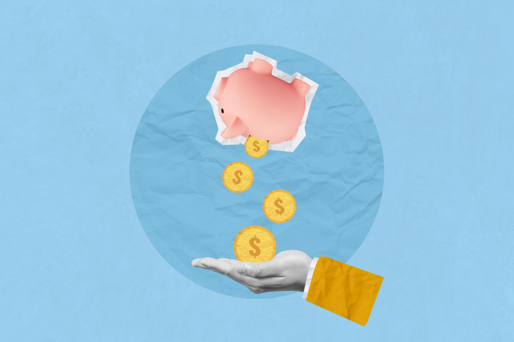 Collage art of a hand reaching out to catch gold dollar-sign coins falling from a pink piggy bank, set against a circular light-blue background.