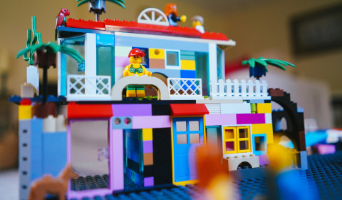 A Lego house with people and a parrot.