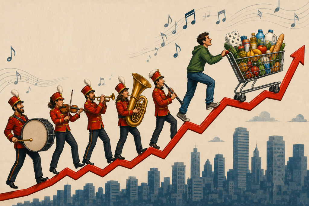 Illustration of musicians and a shopper with a full trolley moving up a rising red arrow, with the text “The Sound of Inflation”.