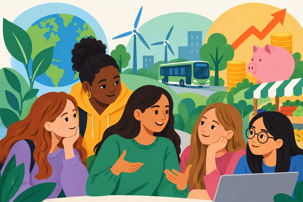 Illustrated image of three people sitting around a table discussing budgeting and future planning, surrounded by posters and graphics about inflation, the cost of living, saving money, and sustainable choices. The table includes notebooks, a budgeting char