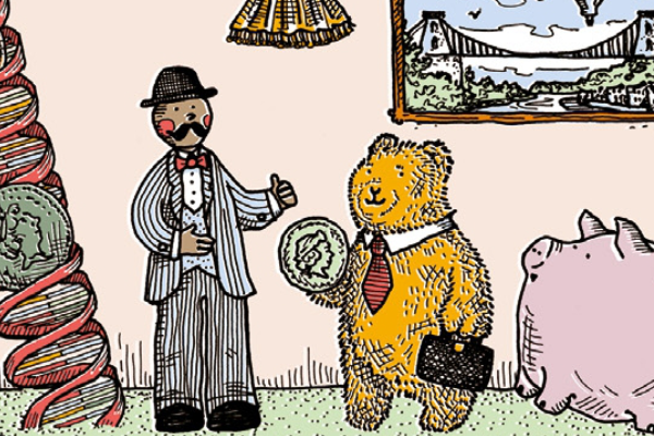 piggy bank, bear holding a coin
