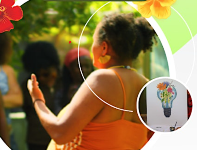 woman talking, viewed from behind with flowers and lightbulb with flowers