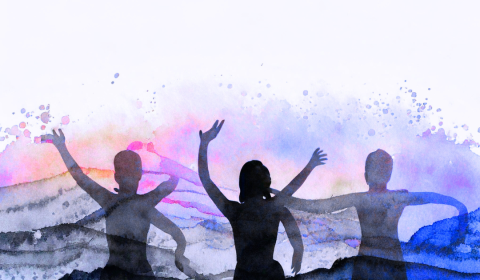 Silhouettes of three people dancing amongst splashes of colour, with the words 'Booking is now OPEN: Online Movement Snacks for Wellbeing' and the URL link to the booking form.