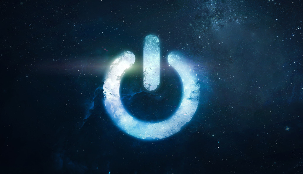 This image features a stylized, glowing power symbol centered against a cosmic, star-filled background.
