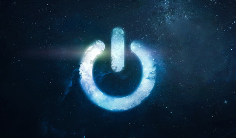 This image features a stylized, glowing power symbol centered against a cosmic, star-filled background.