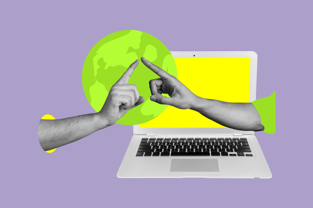 Collage art featuring two hands touching index fingers against a green globe cutout, set over an open laptop with a bright yellow screen on a purple background.