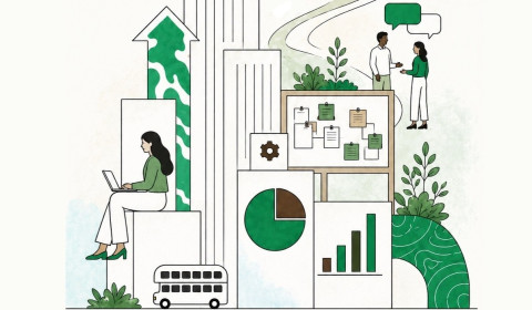 Graphic illustration in green, black, and white featuring people working, data charts, a flowchart board, plants, and a double-decker bus.
