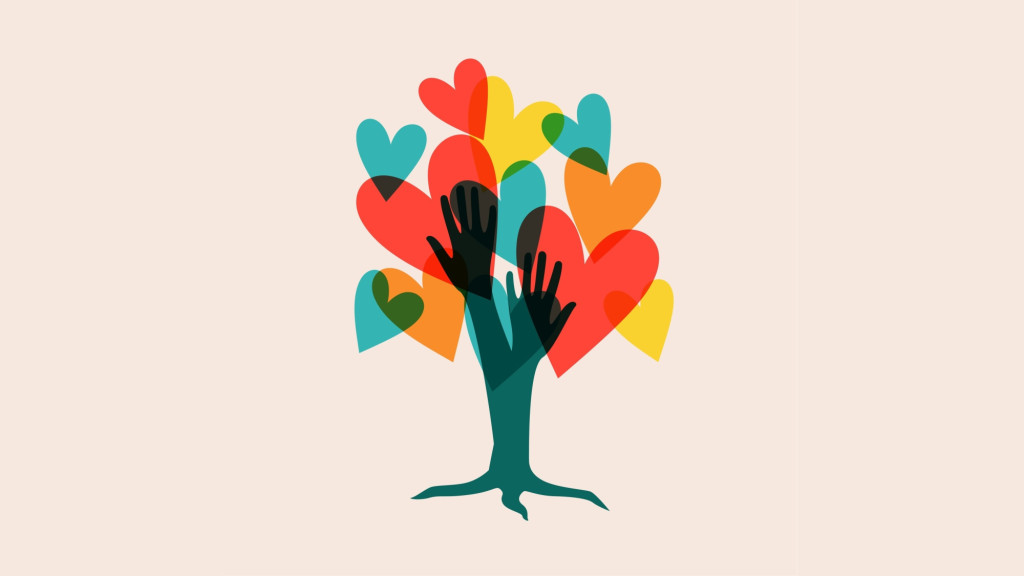 Graphic illustration of a tree with hand-shaped branches and colourful overlapping heart leaves.