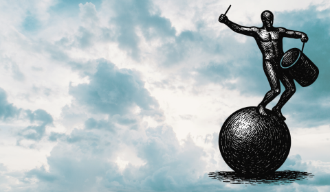 A drawn image of the Truro Drummer statue, a man stands on a large ball banging a drum, against a background of a cloudy sky.