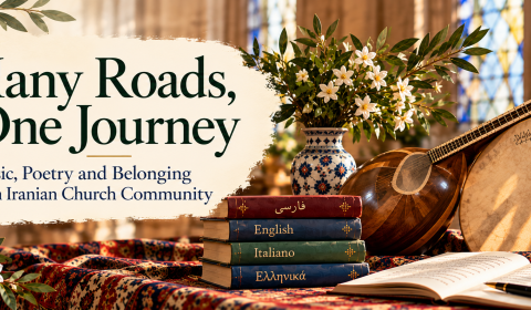 Jasmine on the left. To the right, the inside of a church, with more jasmine in a vase, 4 books with Farsi, English, Italian, and Greek written in their native alphabets. An Iranian string and percussion instrument sit next to an open book.
