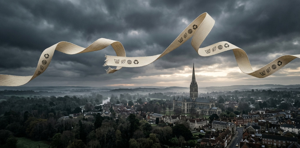 A cream fabric care-label ribbon, printed with laundry, leaf, globe and recycling symbols, twists through a stormy grey sky above a misty English cathedral city, with sunlight breaking through the clouds.