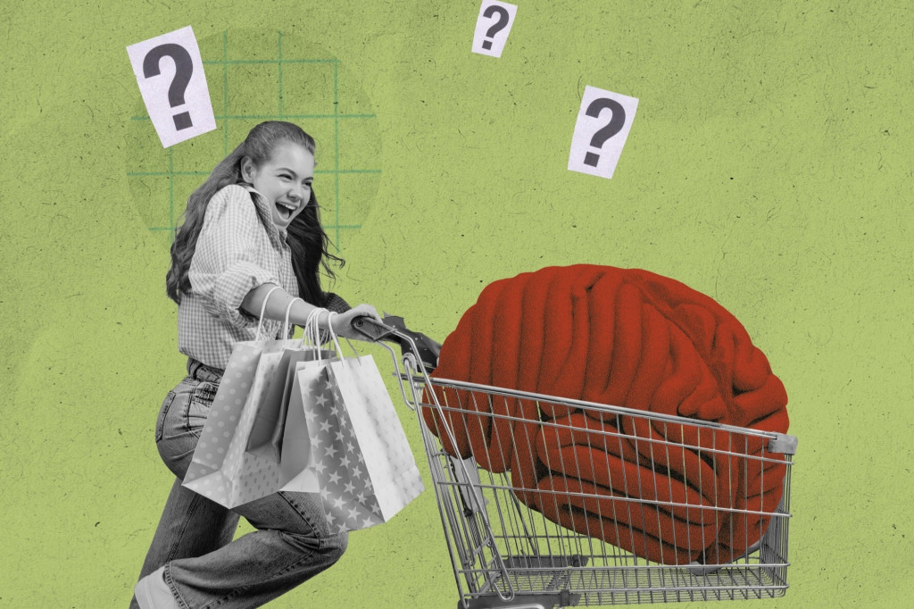 Collage art of an excited woman pushing a shopping cart carrying a giant red brain while holding shopping bags, set against a green background with floating question marks.