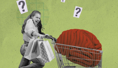 Collage art of an excited woman pushing a shopping cart carrying a giant red brain while holding shopping bags, set against a green background with floating question marks.