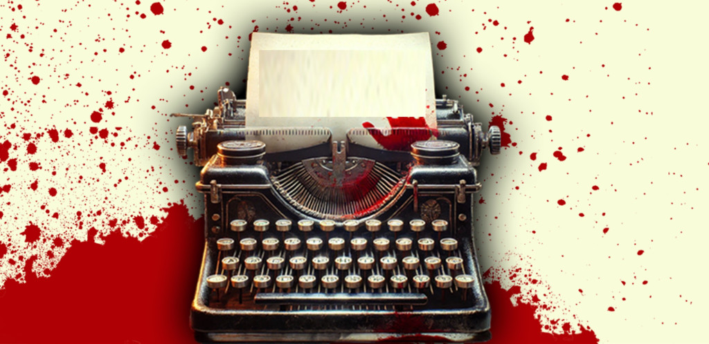 Vintage typewriter with a page reading “Writing Wrongs” against a red ink-splattered background, with Aston Institute for Forensic Linguistics podcast text below.